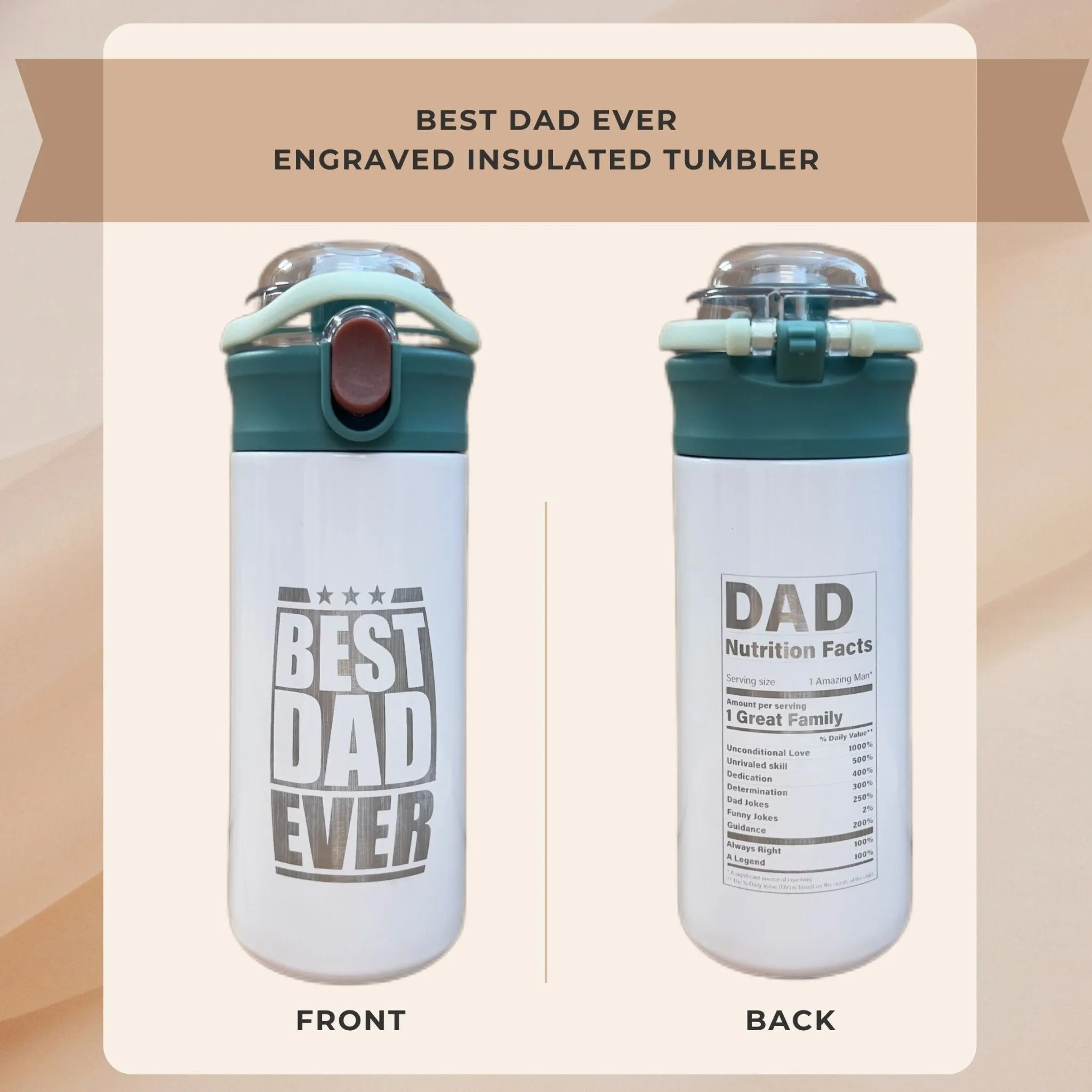 Personalized Tumbler Best Dad Amazing Mom Laser Engraved Water Bottle Insulated Stainless Steel with Straw Handle 16.9 oz