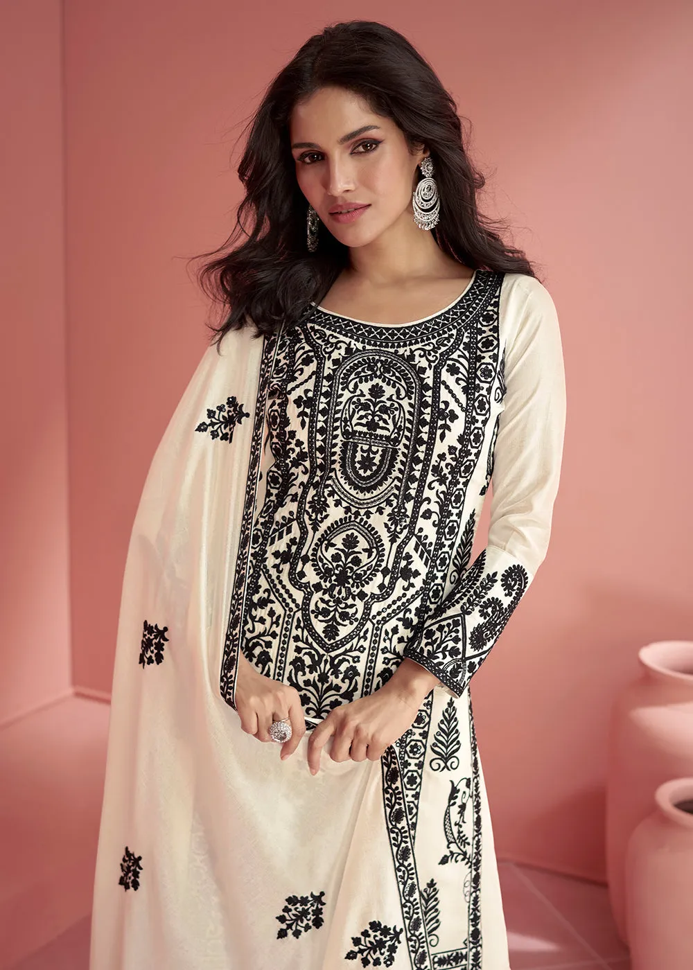 Premium Silk Off White Embroidered Eid Style Palazzo Suit