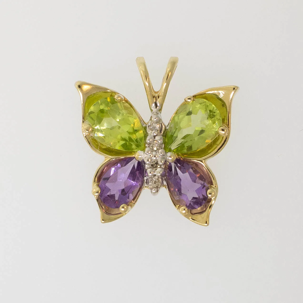 Preowned 14K Yellow Gold Peridot, Amethyst & Diamond Butterfly Pendant