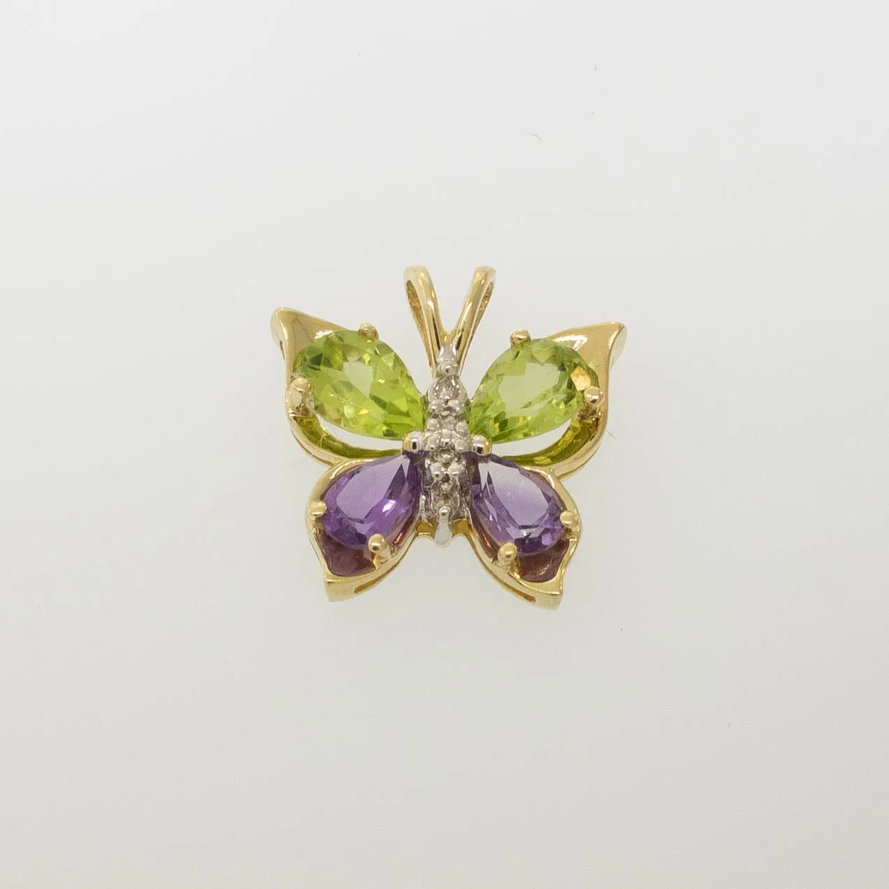 Preowned 14K Yellow Gold Peridot, Amethyst & Diamond Butterfly Pendant