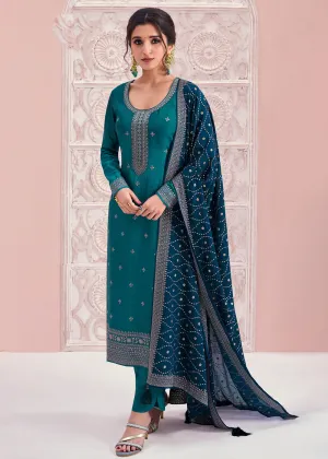 Prussian Blue Thread Embroidered Silk Salwar Suit