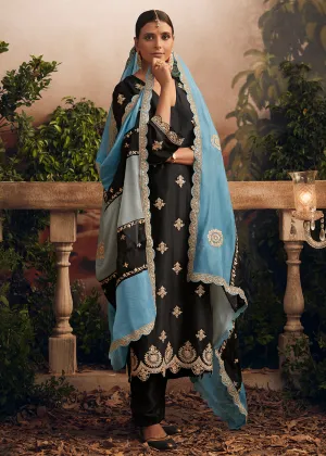 Silk Modale Jet Black Embroidered Festive Salwar Suit