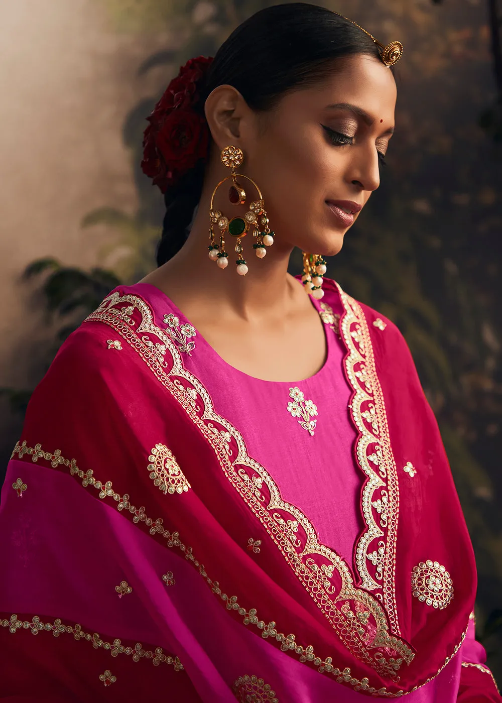 Silk Modale Magenta Pink Embroidered Festive Salwar Suit