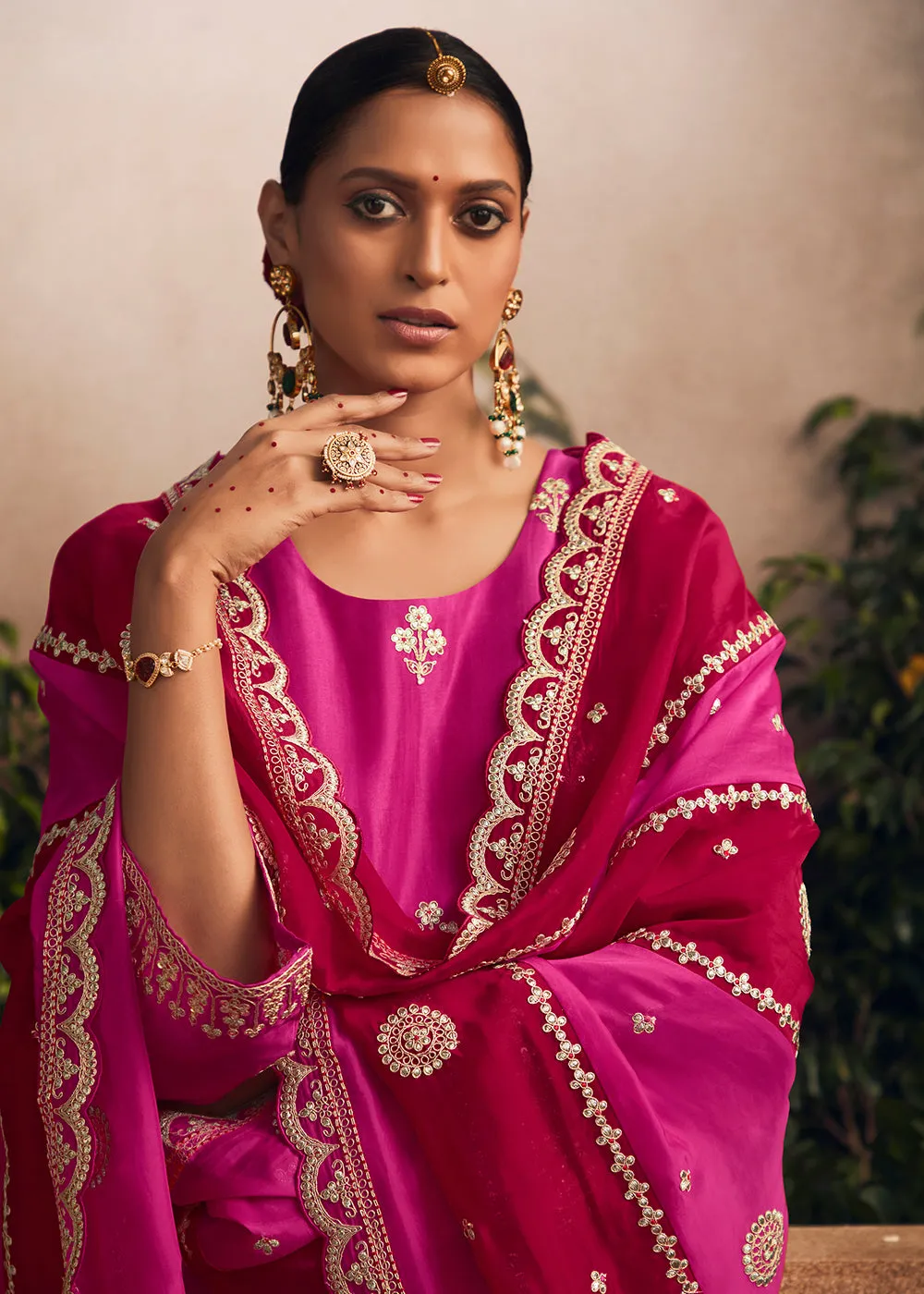 Silk Modale Magenta Pink Embroidered Festive Salwar Suit