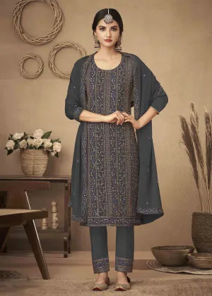 Slate Grey Cording & Swarovski Embroidered Trendy Salwar Suit