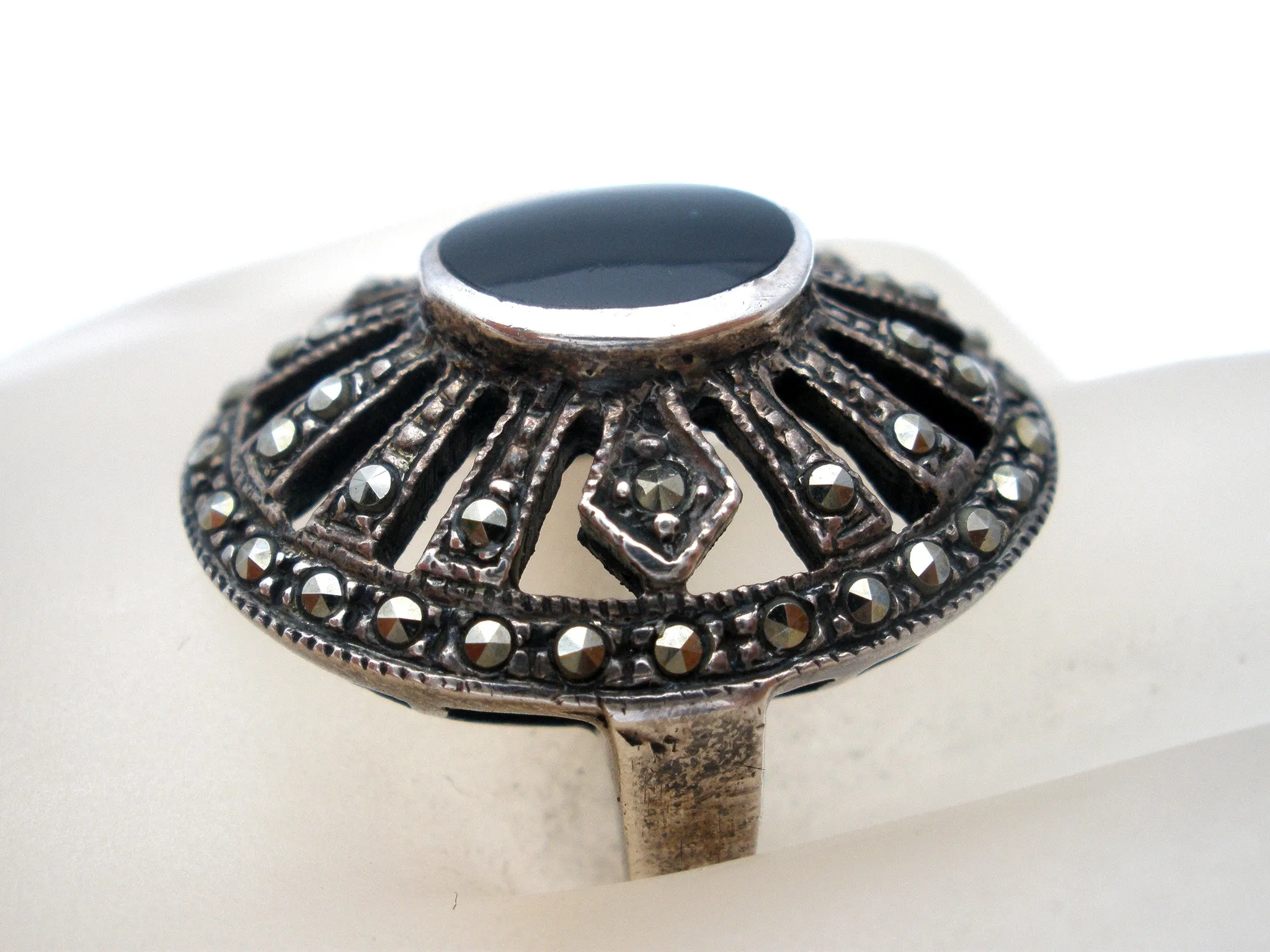 Sterling Silver Black Onyx & Marcasite Ring Size 5