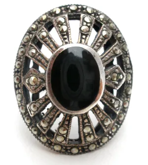 Sterling Silver Black Onyx & Marcasite Ring Size 5