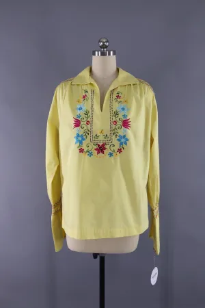 Vintage Yellow Floral Embroidered Tunic Blouse