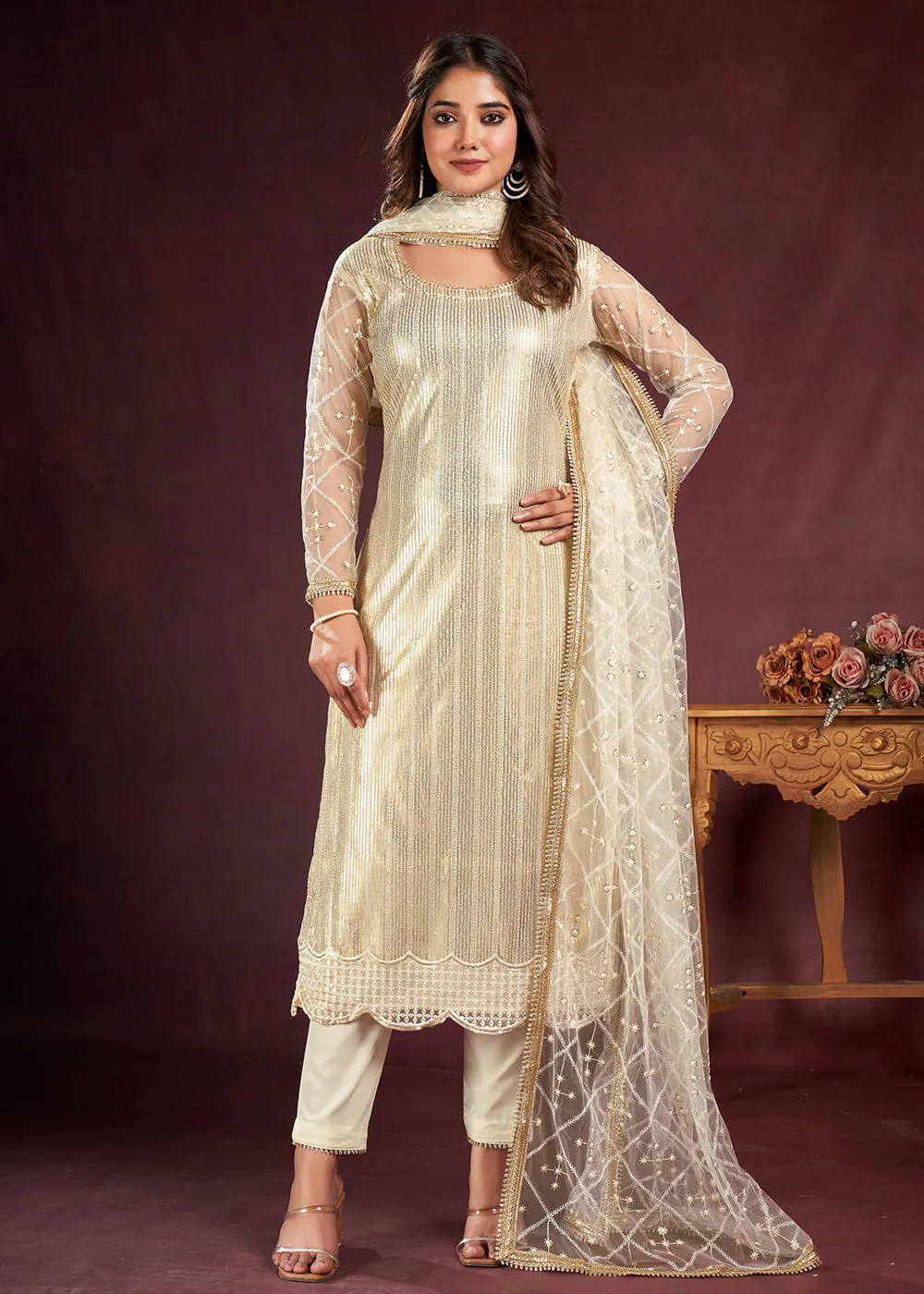 White Butterfly Net Embroidered Festive Salwar Suit